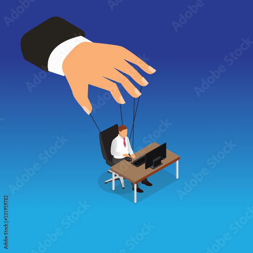 businessman working and being controlled by puppet master 3d isometric vector illustration concept for banner, website, landing page, ads, flyer template