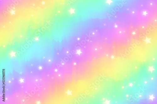 Watercolour rainbow background with stars and sparkles. Gradient holographic abstract backdrop. Vibrant aquarelle wallpaper. Vector illustration.