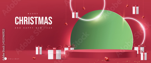 Merry Christmas banner with product display cylindrical shape and gift box red bow decoration red background