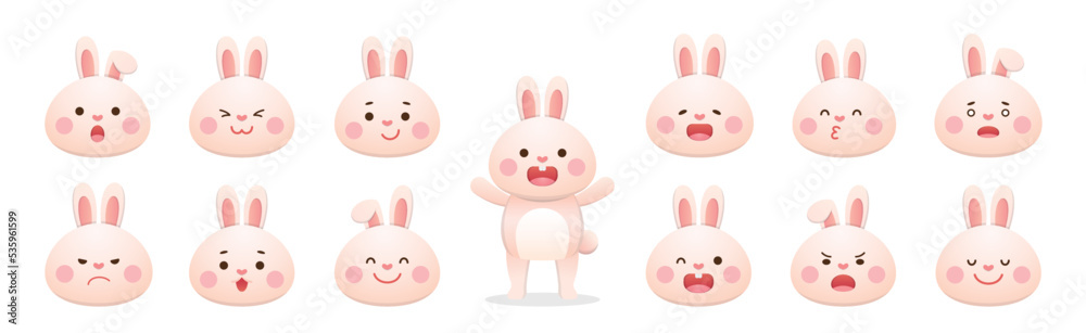 Cute white bunny baby character or mascot with various expressions, mid autumn festival or chinese new year or easter, vector cartoon style set Cute white bunny baby character or mascot with various expressions, mid autumn festival or chinese new year or easter, vector cartoon style set