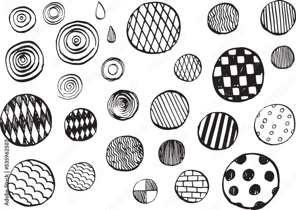 Various round illustrations drawn by pen. (monochrome)