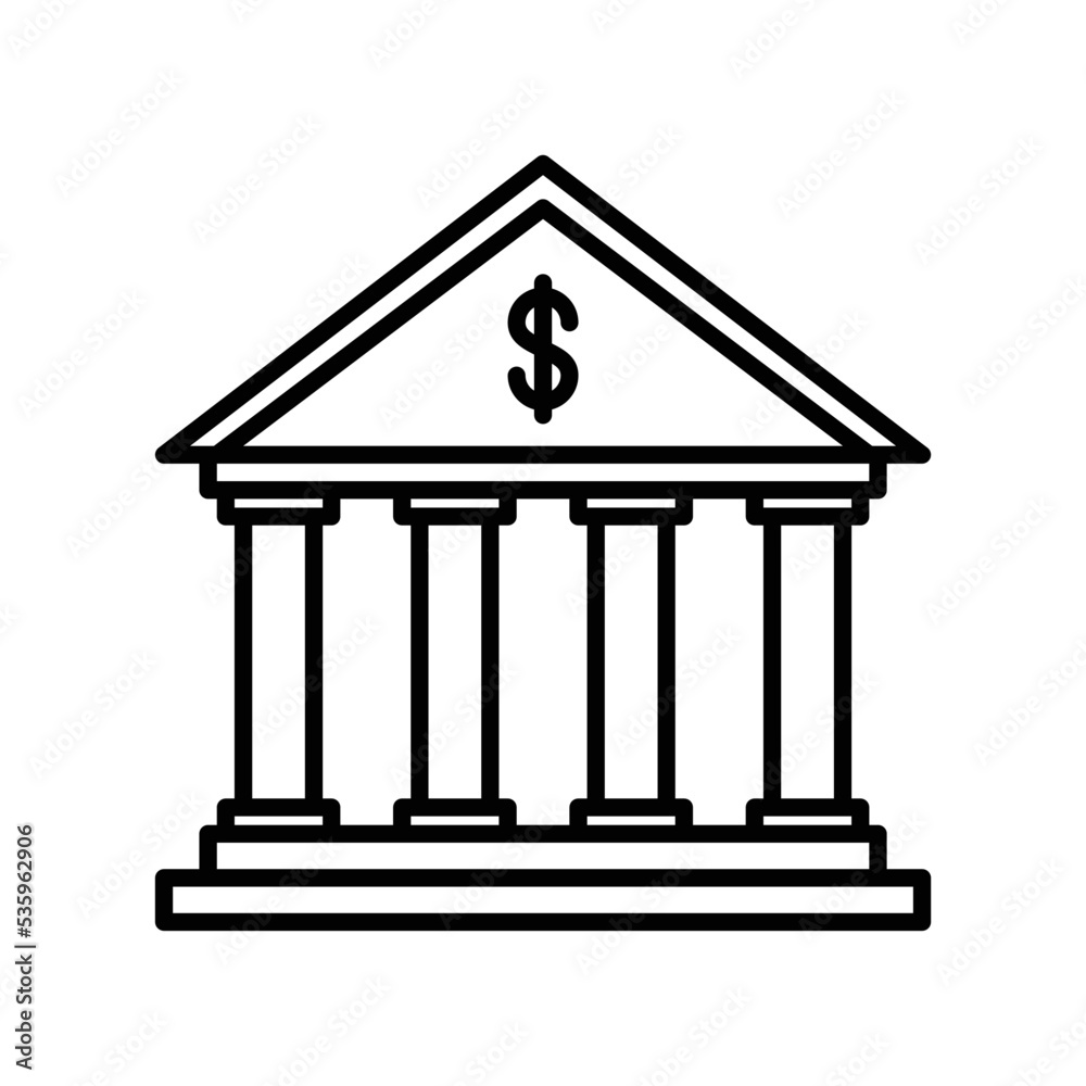 Bank icon for building or finance in black outline style