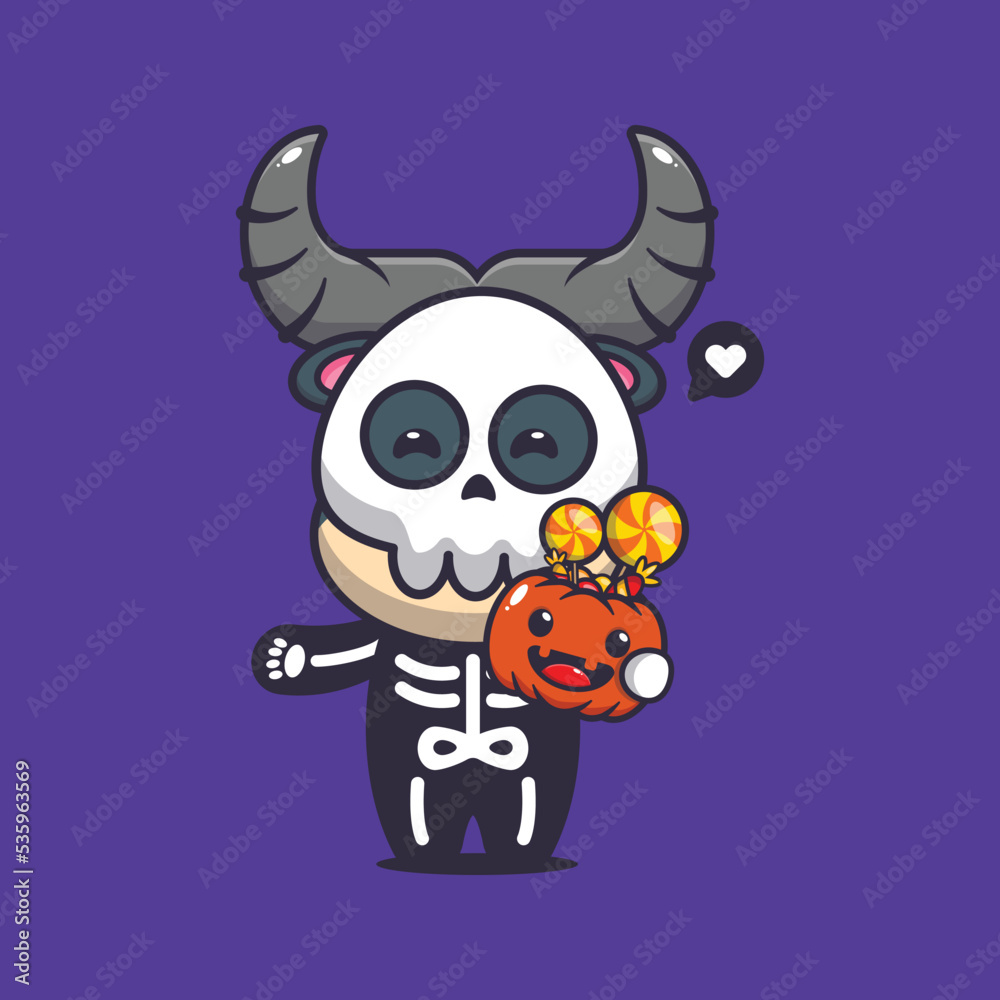 Cute buffalo with skeleton costume holding halloween pumpkin. Cute halloween cartoon illustration. 