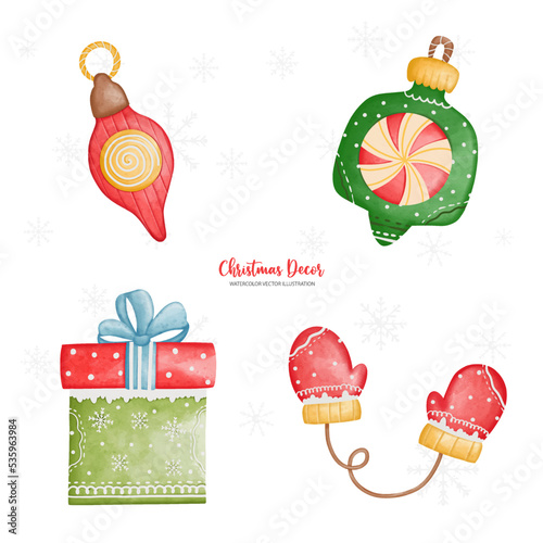 Watercolor Christmas decoration, Christmas light, Gift box, Winter glove, Vector Illustration