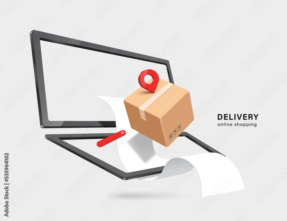 parcel box or crate cardboard,receipt paper and red pin location ...