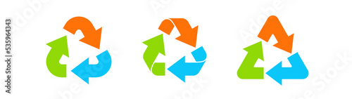 Three arrows triangle rotation. Circulation and recycling concept. Three types icons.