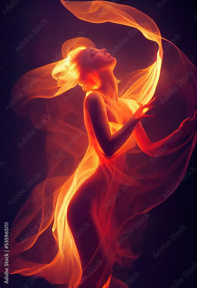 Woman in waving dress as a flame dancing with flying fabric Woman in waving dress as a flame dancing with flying fabric