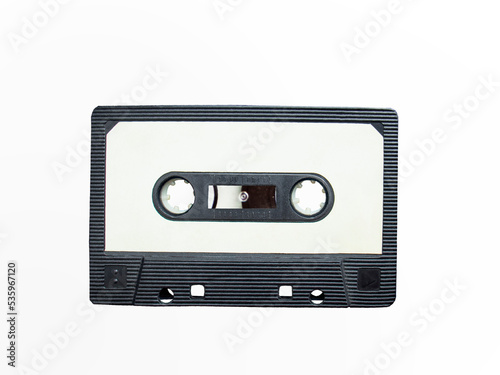 black plastic audio cassette with white sticker isolated on white background,Template mockup for text
