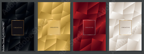 Elegant cover set, metal polygons. Abstract geometric pattern: black, gold, red and platinum white.