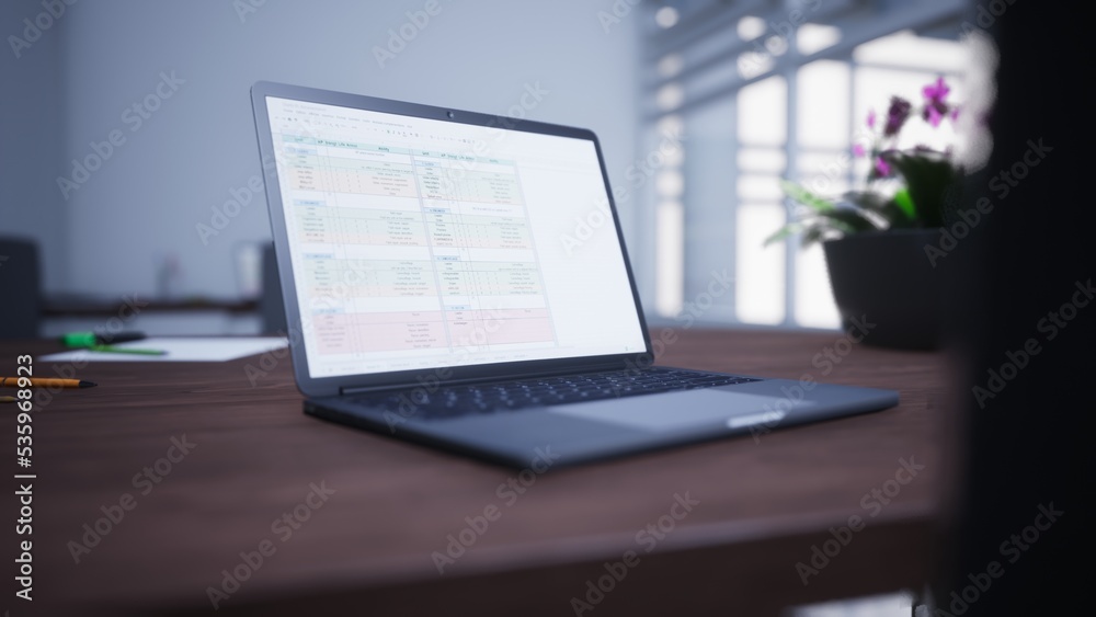 Creative designer desk with empty laptop screen and supplies in modern office. Mock up, 3D Rendering Creative designer desk with empty laptop screen and supplies in modern office. Mock up, 3D Rendering