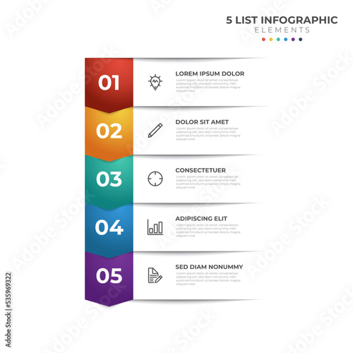 List Diagram with 5 points of steps, colorful business infographic element template vector.