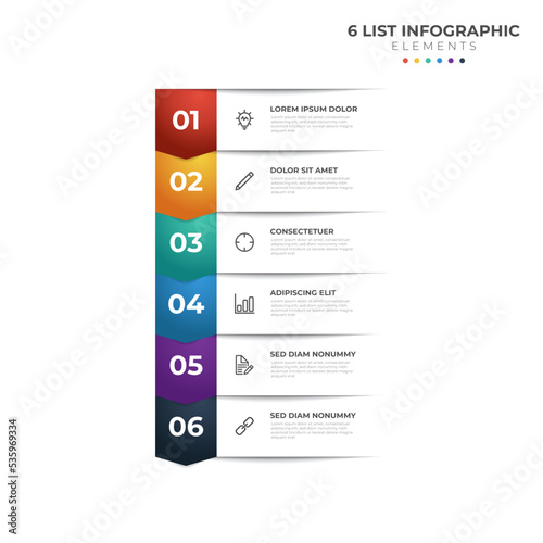 List Diagram with 6 points of steps, colorful business infographic element template vector.