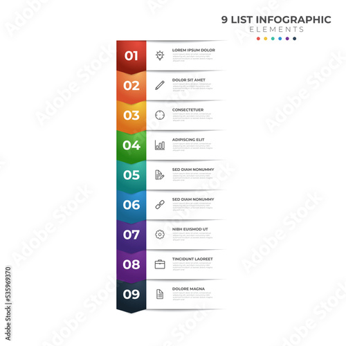 List Diagram with 9 points of steps, colorful business infographic element template vector.