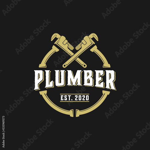 plumbing tool vector graphic template. plumber illustration in badge label style.