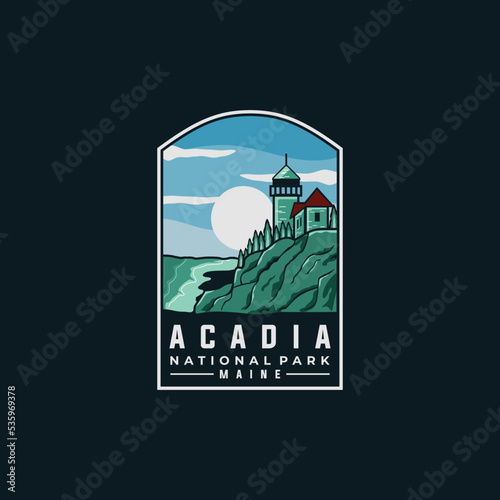 Acadia national park vector template. Maine landmark illustration in emblem patch style.