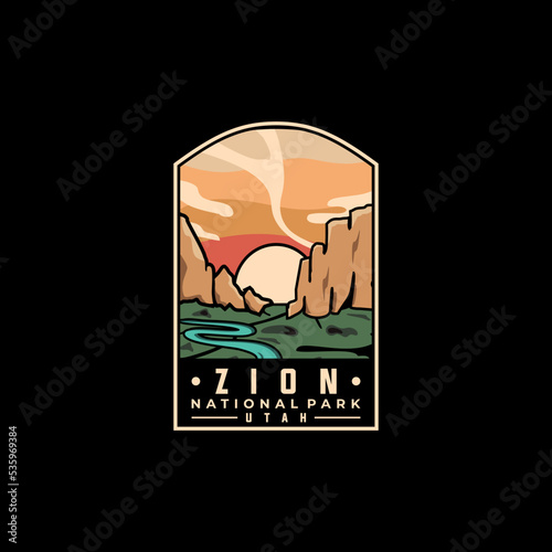 Zion national park vector template. Utah landmark graphic illustration in badge emblem patch style.