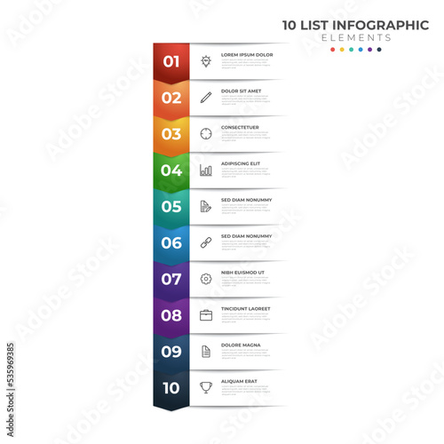 List Diagram with 10 points of steps, colorful business infographic element template vector.