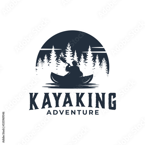 kayak sport vector graphic template. canoe forest lake silhouette illustration.