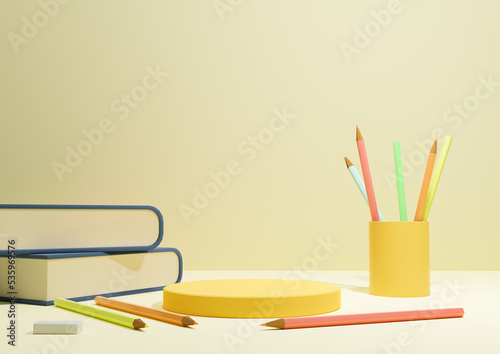 Pastel, light, citrus yellow 3D illustration back to school product display podium or stand, horizontal image from the side with pencils and books on table for product photography background