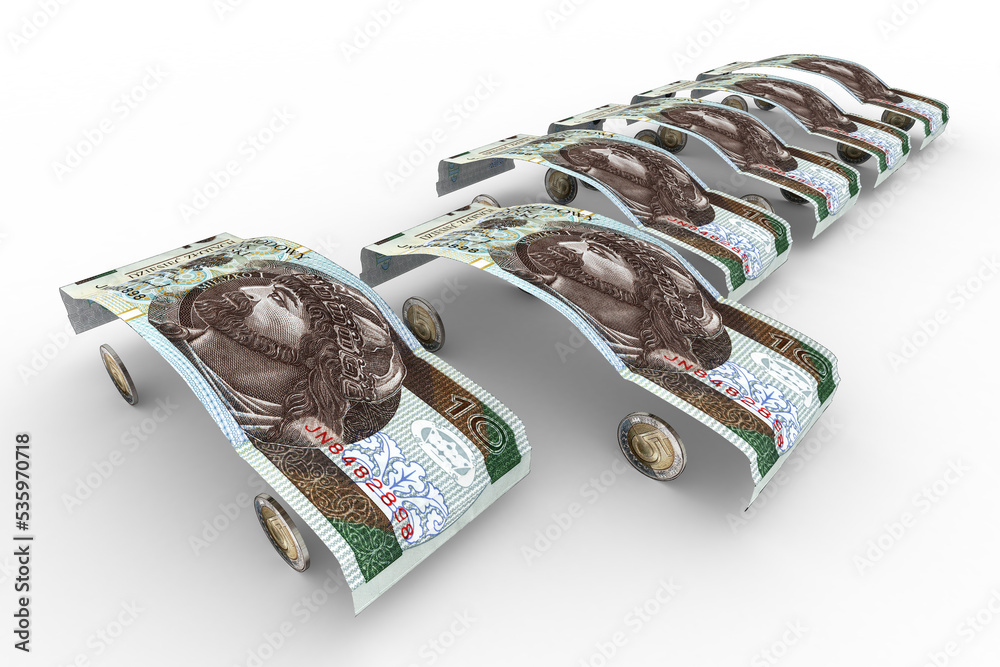 Banknoty 10 Złotych Polskich uformowane w kształt karoserii samochodowej - obrazy, fototapety, plakaty 