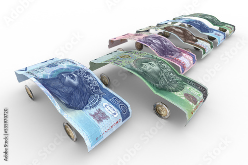 Banknoty Złotego Polskiego uformowane w kształt karoserii samochodowej
