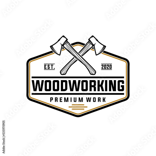 carpentry woodworking vintage vector template. wood works graphic in label badge patch emblem illustrations.
