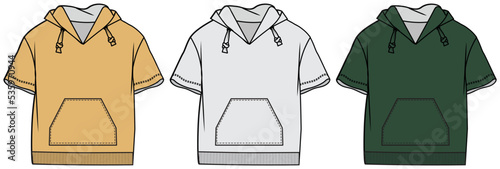boys short sleeve hoodie t shirt with pocket flat sketch vector illustration. cad mockup.