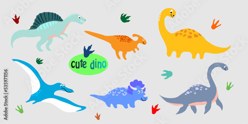 Clipart set of cute colored dinosaurs vector. Vector illustration in cartoon style.