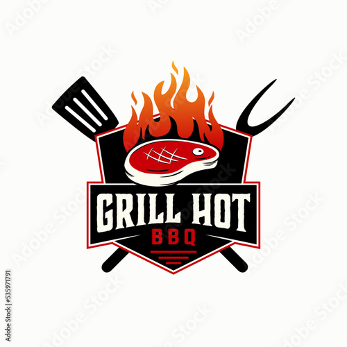 barbecue fire vector template. grill steak graphic illustration in badge emblem patch style.