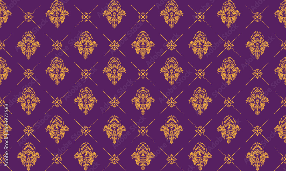 Abstract Seamless ornament on background. Wallpaper pattern Golden & Deep Purple Abstract Seamless ornament on background. Wallpaper pattern Golden & Deep Purple