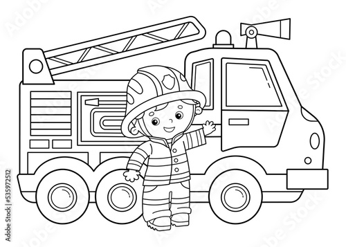 Coloring Page Outline Of cartoon fire truck with fireman or firefighter. Professional transport. Coloring Book for kids.