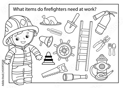 Puzzle Game for children. Coloring Page Outline Of cartoon fireman or firefighter. Profession. Fire extinguishing tools. Coloring book for kids.