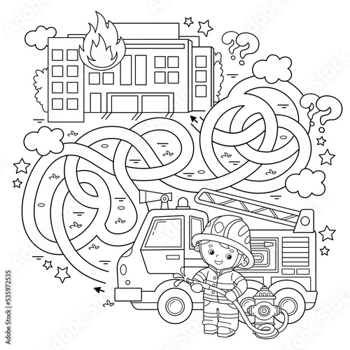 Maze or Labyrinth Game. Puzzle. Tangled road. Coloring Page Outline Of cartoon fireman or firefighter with fire truck. Fire fighting. Coloring book for kids.