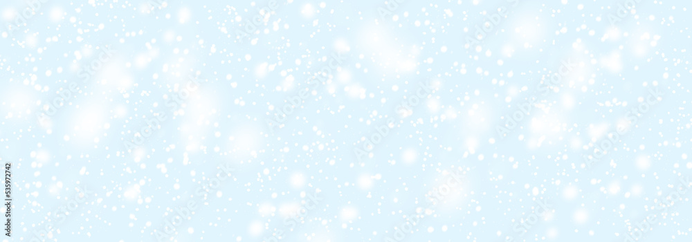 Abstract snowfall in heaven. Falling white snow winter on light blue sky background. Sweet pastel soft color