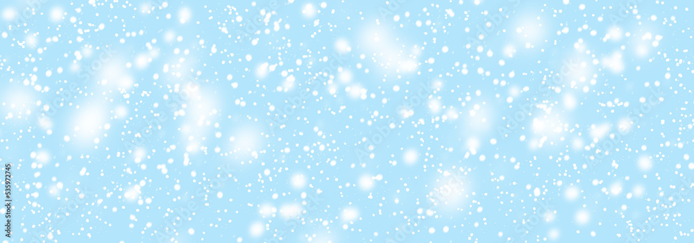 Abstract snowfall in heaven. Falling white snow winter on blue sky background
