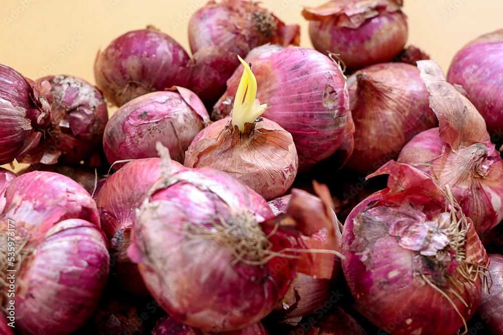 Red onions in plenty on display at local farmer's market, Big fresh red onions background Red onions in plenty on display at local farmer's market, Big fresh red onions background