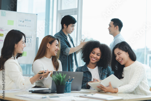 A group of startup management people are having a brainstorming meeting in the conference room, with supervisors and employees meeting and solving problems. Company management concept.