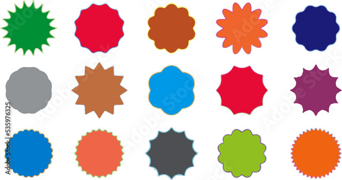 Set of different style and shape stars. Smooth wavy abstract colorful banners in circular shape on white background. Illustration useful for designing.