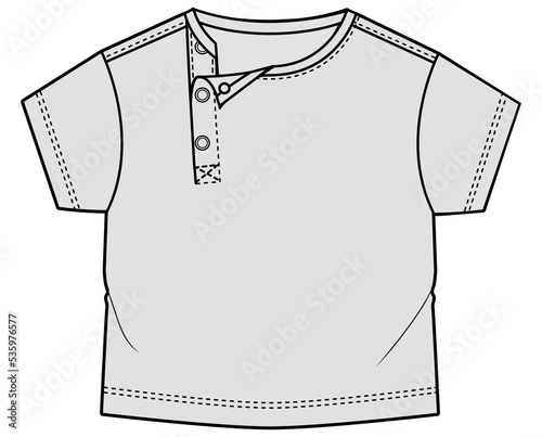 baby boys short sleeve crew neck t shirt technical drawing fashion flat sketch vector illustration template. cad mockup.	