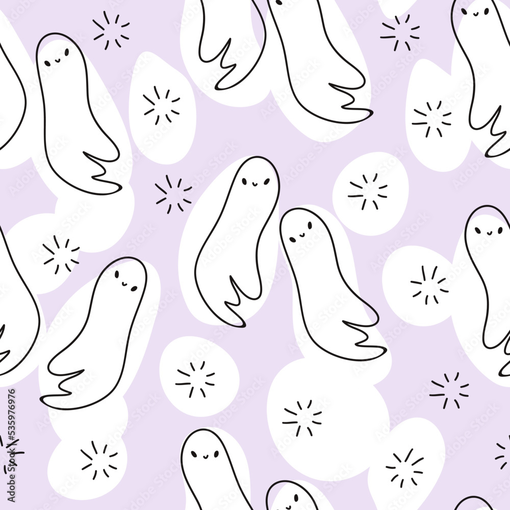vector seamless pattern with cute halloween ghosts on pastel lilac background