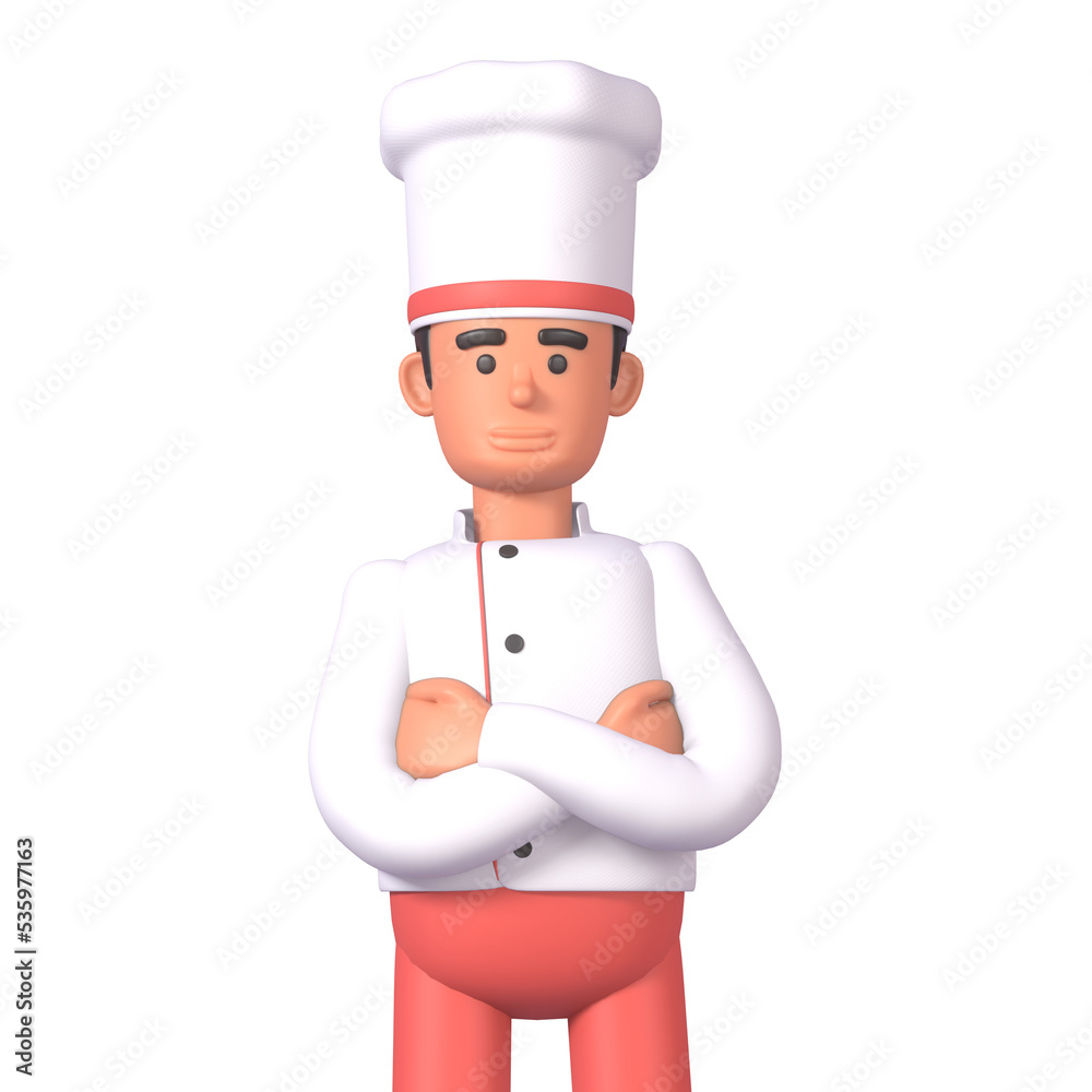 3d render of cheerful cook in white uniform standing with arms crossed on chest 3d render of cheerful cook in white uniform standing with arms crossed on chest
