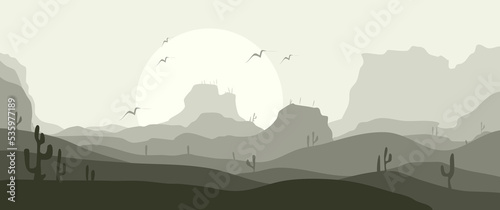 Cactus hill landscape scenery illustration, horizon scenery design. Perfect for background, desktop background, travel banner.