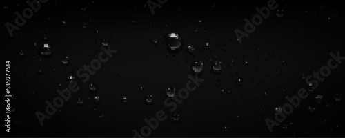 Black background with clear water drops from rain, dew or steam condensation. Wet surface with liquid raindrops, pure aqua bubbles, vector realistic illustration