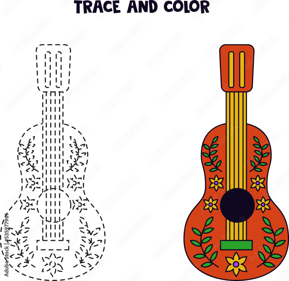 Trace and color cute hand drawn Mexican guitar. Worksheet for children ...