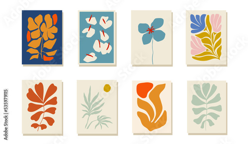Abstract set of clockwork floral elements. Modern trendy minimalistic Matisse style. Hand drawn for wallpaper, wall decor, print, postcard, cover, template, banner.