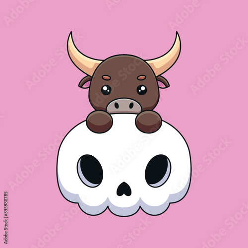 cute skull bull halloween cartoon mascot doodle art hand drawn concept vector kawaii icon illustration