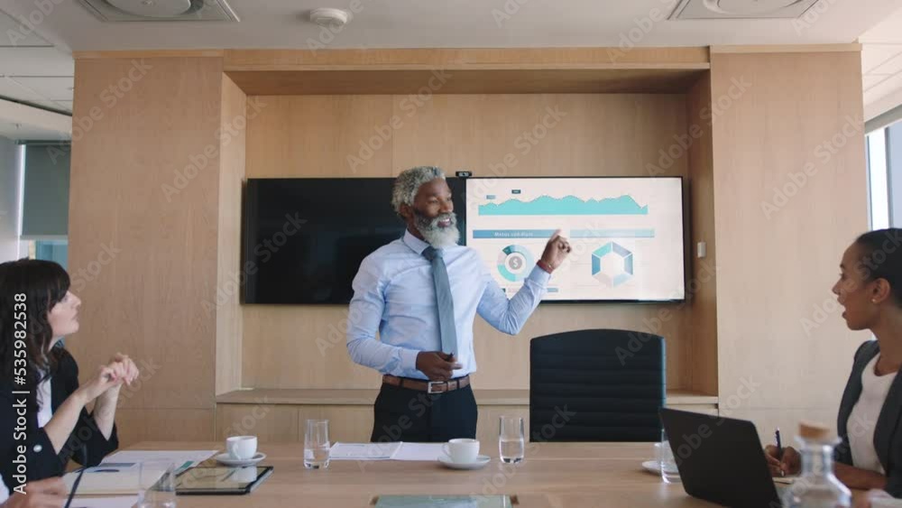 Business meeting, manager presentation with data graph on monitor screen for company account profit growth or kpi report. conference accountant with erp chart analytics or strategy proposal review