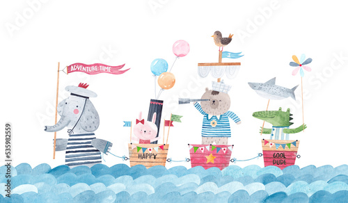 Cute animals play sea adventure. Children's party of friends. Cute poster. Painting for the children's room. Isolated on white background.