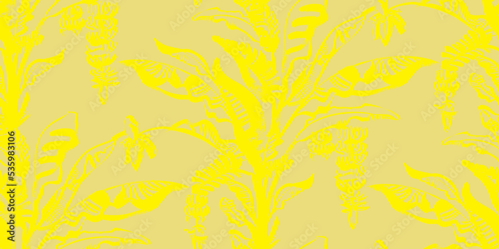summer tropical seamless pattern with a yellow palm tree and growing bananas drawn in gouache summer tropical seamless pattern with a yellow palm tree and growing bananas drawn in gouache