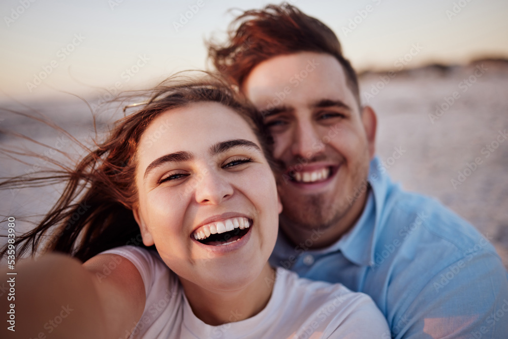 Couple, smile and beach together for selfie with happiness on face on holiday, honeymoon or vacation. Man, girl and happy at ocean on travel in summer in romantic photo for love, bonding and care Couple, smile and beach together for selfie with happiness on face on holiday, honeymoon or vacation. Man, girl and happy at ocean on travel in summer in romantic photo for love, bonding and care